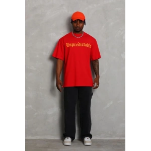 Erkek Baskılı Tişört Kısa Kol Bisiklet Yaka Oversize T-Shirt - Kırmızı
