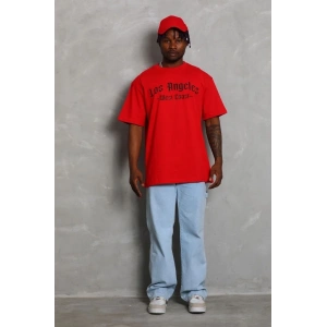 Erkek Baskılı Tişört Kısa Kol Bisiklet Yaka Oversize T-Shirt - Kırmızı