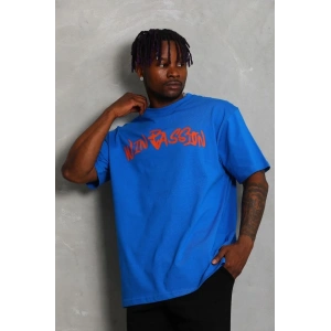 Erkek Baskılı Tişört Kısa Kol Bisiklet Yaka Oversize T-Shirt - Mavi
