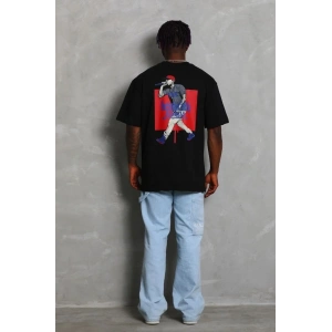 Erkek Baskılı Tişört Kısa Kol Bisiklet Yaka Oversize T-Shirt - - Siyah