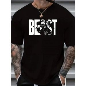 Erkek Baskılı Tişört Kısa Kol Bisiklet Yaka Oversize T-Shirt - Siyah