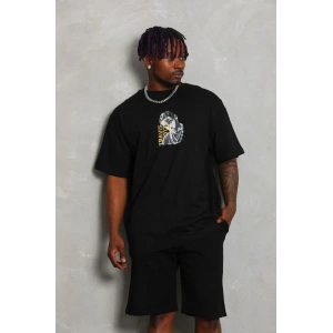 Erkek Baskılı Tişört Kısa Kol Bisiklet Yaka Oversize T-Shirt - Siyah