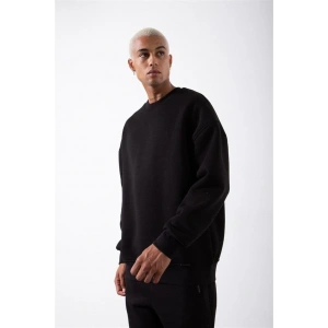 ERKEK Bisikilet Yaka 3 İplik Pamuklu SweatShirt - Siyah