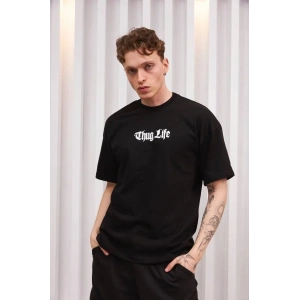 Erkek Bisiklet Yaka Baskılı  Kısa kol Oversize T-Shirt - Siyah