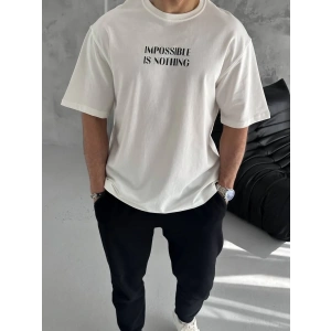 Erkek Bisiklet Yaka Baskılı Oversize  Kısa kol T-Shirt - Beyaz