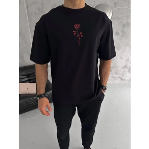 Erkek Bisiklet Yaka Baskılı Oversize  Kısa kol T-Shirt - Siyah