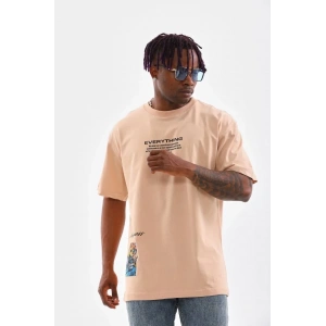 Erkek  Bisiklet Yaka Baskılı Oversize T-Shirt - Bej