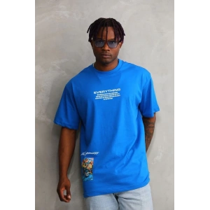 Erkek Bisiklet Yaka Baskılı Oversize T-Shirt - Mavi