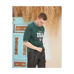 Erkek Bisiklet Yaka Tişört Nakış İşlemeli Kısa Kol Oversize T-Shirt - Yeşil