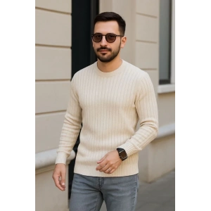 Erkek Bisiklet Yaka Triko Kazak Pamuklu Kalın Fitilli Dokuma Regular Fit - Bej
