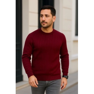 Erkek Bisiklet Yaka Triko Kazak Pamuklu Kalın Fitilli Dokuma Regular Fit - Bordo