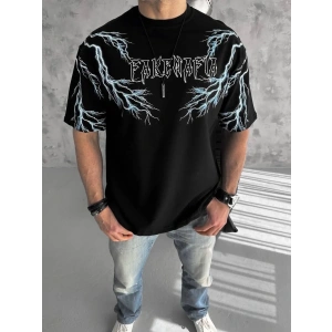 ERKEK Bisiklet Yaka Yıldırım Baskılı  Kısa kol T-Shirt-Siyah