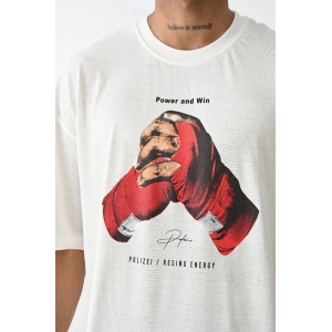 Erkek Box Eldiven Baskılı T-Shirt Kısa Kol Bisiklet Yaka Tişört - Beyaz