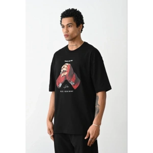 Erkek Boxy Eldiven Baskılı T-Shirt Kısa Kol Bisiklet Yaka Tişört - Siyah