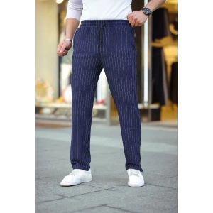 Erkek Cizgili Dokuma Krep Jogger Buggy Pantalon Rahat kalıp - Lacivert