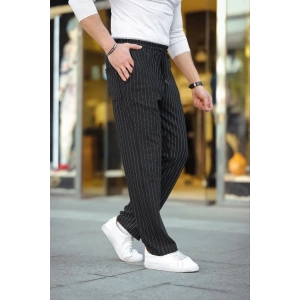 Erkek Cizgili Dokuma Krep Jogger Buggy Pantalon Rahat kalıp - Siyah