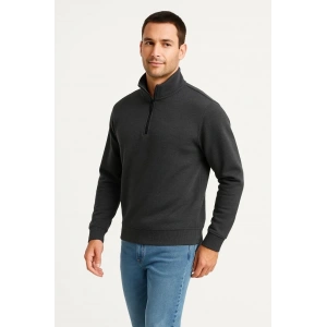 Erkek Dik Yaka Yarım Fermuarlı 3 İplik Pamuklu Sweatshirt -  Antrasit