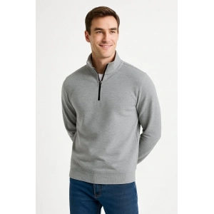 Erkek Dik Yaka Yarım Fermuarlı 3 İplik Pamuklu Sweatshirt - Gri