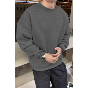 Erkek Düz Bisiklet Yaka 3 iplik pamuklu sweatshirt - Füme