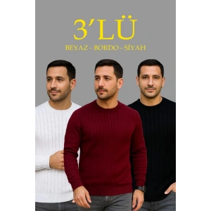 Erkek Fitilli Triko Bisiklet Yaka Kalın Kazak 3lü Set Beyaz-Bordo-Siyah