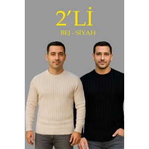 Erkek Fitilli Triko Kazak 2’li Set Bej Beyaz Kalın Dokuma Pamuklu Regular Fit Bisiklet