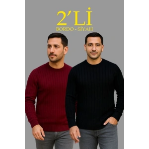 Erkek Fitilli Triko Kazak 2’li Set Siyah Bordo Kalın Dokuma Pamuklu Regular Fit Bisiklet