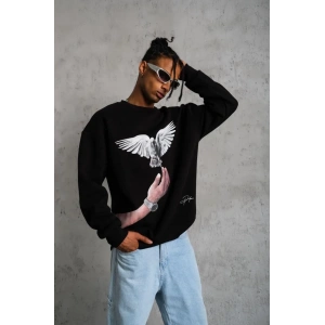 Erkek Güvercin Baskılı 3 iplik Bisiklet Yaka ipamuklu Sweatshirt - Siyah