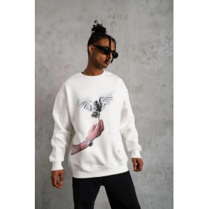 Erkek Güvercin Baskılı 3 iplik pamuklu Bisiklet Yaka Sweatshirt - Beyaz