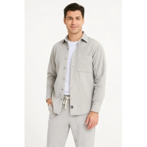 Erkek Kadife Oversize Takım Gömlek Pantolon İkili Set - Gri