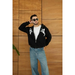 Erkek Kapüşonlu 3 İplik Şardonlu Önü Baskılı Fermuarlı Oversize Sweatshirt - Siyah