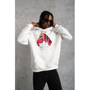 Erkek Kapüşonlu Cepli Boks Eldiven Baskılı 3 İplik Sweatshirt Hoodie - Beyaz