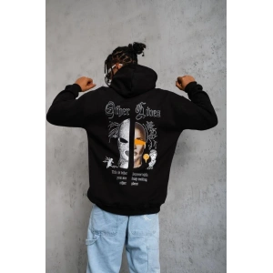 Erkek Kapüşonlu Kanguru Cepli Sweatshirt 3 İplik Pamuklu Baskılı Hoodie - Siyah