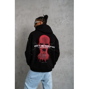 Erkek Kapüşonlu Kanguru Cepli Sweatshirt 3 İplik Pamuklu Baskılı Hoodie - Siyah