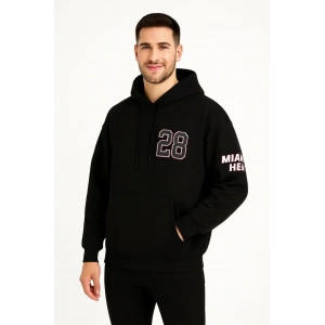 Erkek Kapüşonlu Kanguru Cepli Sweatshirt 3 İplik Pamuklu Baskılı Hoodie - Siyah