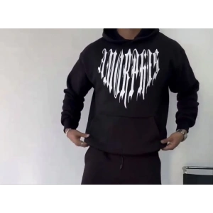 Erkek Kapüşonlu Kanguru Cepli Sweatshirt 3 İplik Pamuklu Baskılı Hoodie -  Siyah