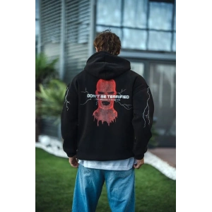 Erkek Kapüşonlu Kanguru Cepli Sweatshirt 3 İplik Pamuklu Baskılı Hoodie -  Siyah
