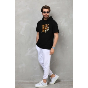 Erkek Kapüşonlu Kısa Kol Oversize Baskılı T-Shirt - Siyah