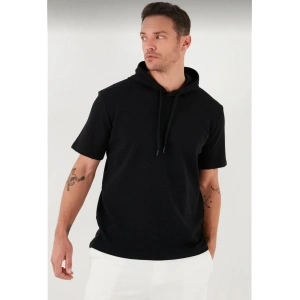Erkek Kapüşonlu Tişört Kısa Kol Düz Oversize T-shirt - Siyah