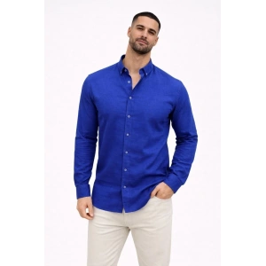 Erkek KETEN Kumaş Oversize Uzun Kollu Rahat Kalıp Gömlek - Saks Mavisi