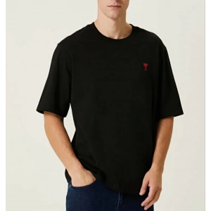 Erkek Kısa Kol Tişört Bisiklet Yaka KALP Baskılı Oversize T-Shirt - Siyah