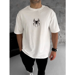 Erkek Kısa Kol Tişört Bisiklet Yaka ÖRÜMCEK Baskılı Oversize T-Shirt - Beyaz