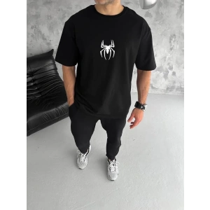 Erkek Kısa Kol Tişört Bisiklet Yaka ÖRÜMCEK Baskılı Oversize T-Shirt - Siyah