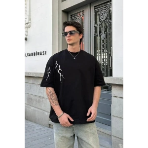 Erkek Kısa Kol Tişört Bisiklet Yaka Yıldırım Baskılı Oversize T-Shirt - Siyah