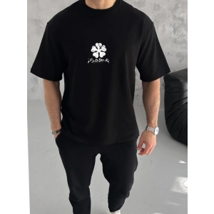 Erkek Kısa Kol Tişört Bisiklet Yaka YONCA Baskılı Oversize T-Shirt - Siyah