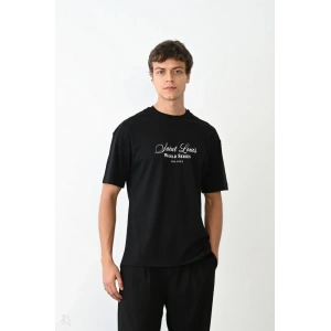 Erkek Kısa Kol Yazlık Tişört Bisiklet Yaka Baskılı Oversize T-Shirt - Siyah