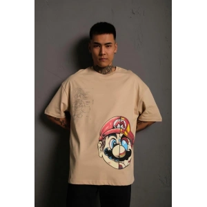 Erkek Mario Baskılı T-Shirt Oversize Kısa kol Bisiklet yaka tişort - Bej