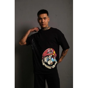 Erkek Mario Baskılı T-Shirt Oversize Kısa kol Bisiklet yaka tişort - Siyah