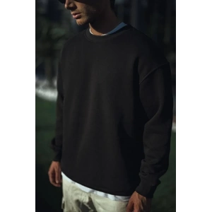 Erkek pamuklu Bisiklet Yaka 3 İplik Basic SweatShirt - Siyah
