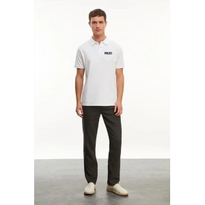 Erkek Polo Yaka Düğmeli Tişört Pike Baskılı T-Shirt - Beyaz