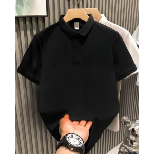 Erkek Polo Yaka Tişört Düğmeli Pike Düz T-Shirt - Siyah